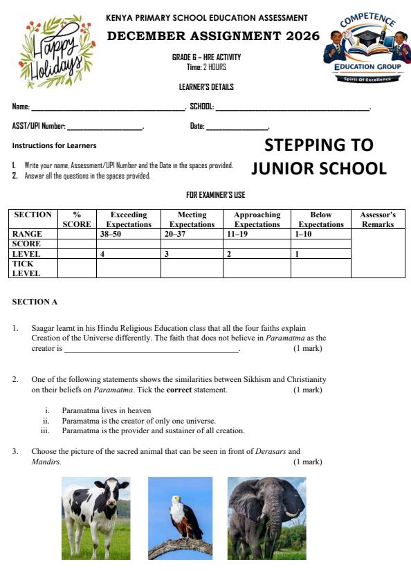Page 1 – Grade 6 Hindu Religious Education December 2026 Holiday Assignment – Kenyaplex