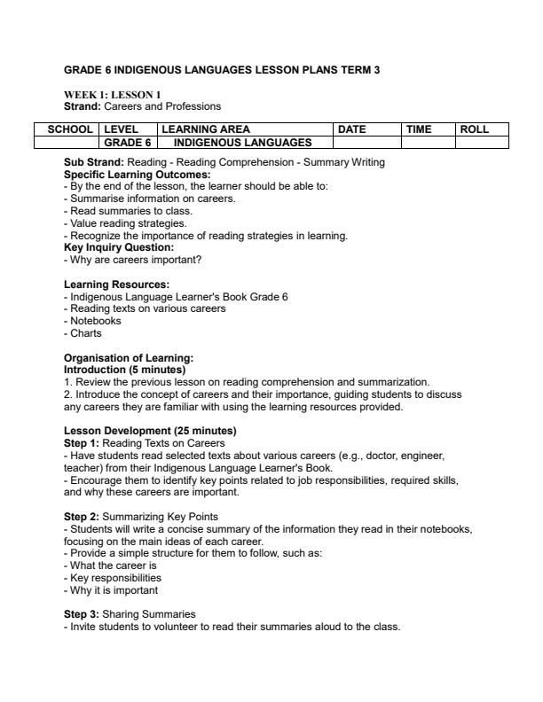 Page 1 – Grade 6 Indigenous Languages Lesson Plans Term 3 – Kenyaplex