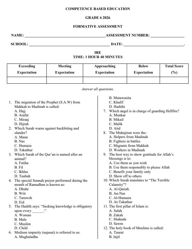 Page 1 – Grade 6 Islamic Religious Education April 2026 Holiday Assignment – Kenyaplex