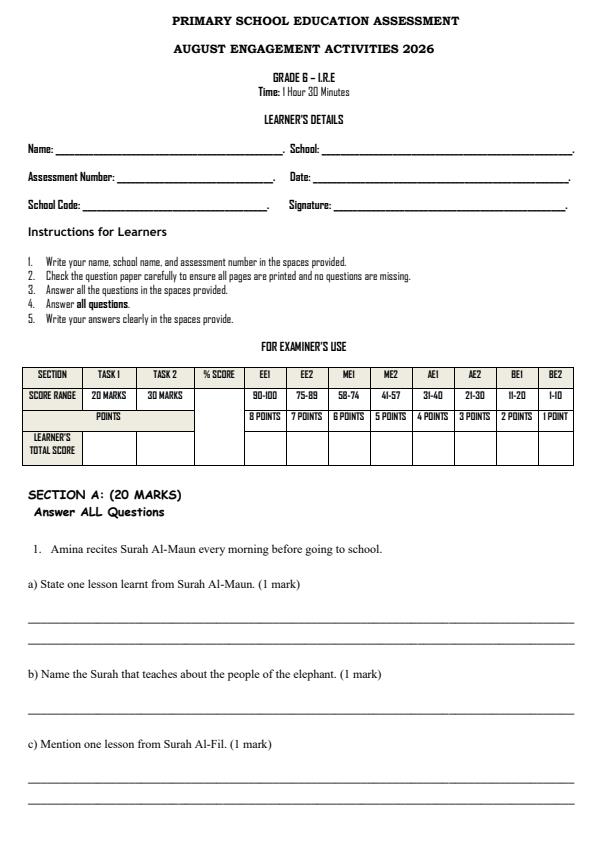 Page 1 – Grade 6 Islamic Religious Education August 2026 Holiday Assignment – Kenyaplex