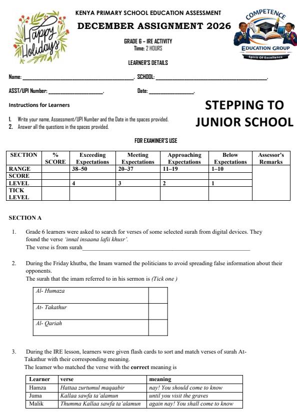 Page 1 – Grade 6 Islamic Religious Education December 2026 Holiday Assignemnt – Kenyaplex