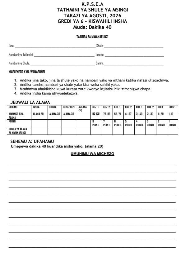 Page 1 – Grade 6 Kiswahili - Insha August 2026 Holiday Assignment – Kenyaplex