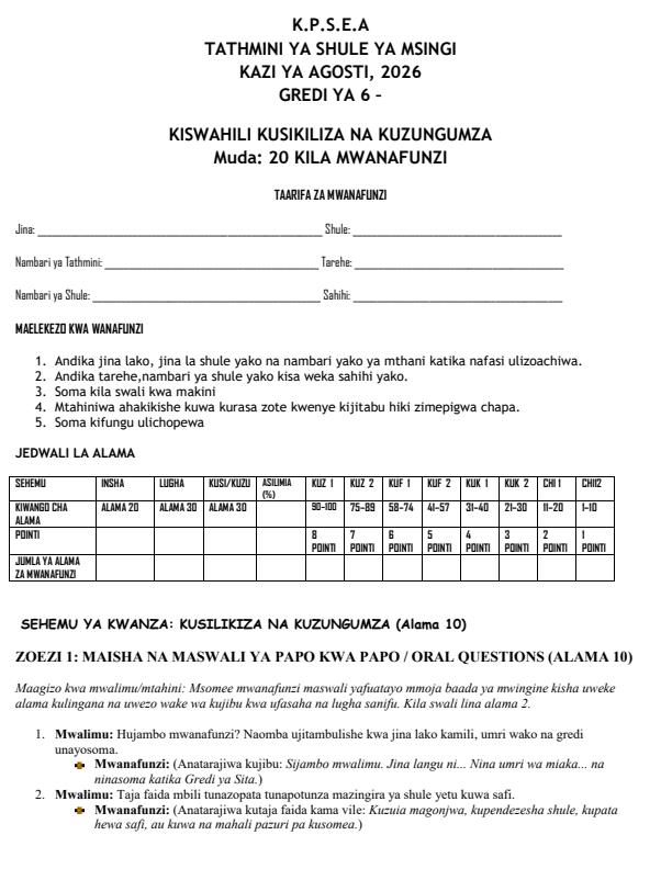 Page 1 – Grade 6 Kiswahili - Kusikiliza na Kuzungumza August 2026 Holiday Assignment – Kenyaplex