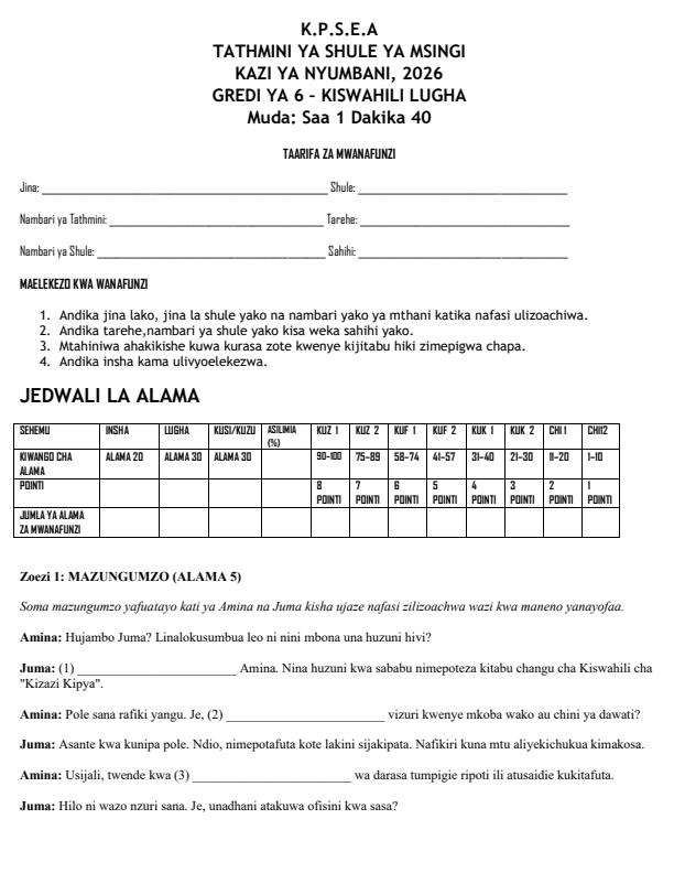 Page 1 – Grade 6 Kiswahili - Lugha August 2026 Holiday Assignment – Kenyaplex