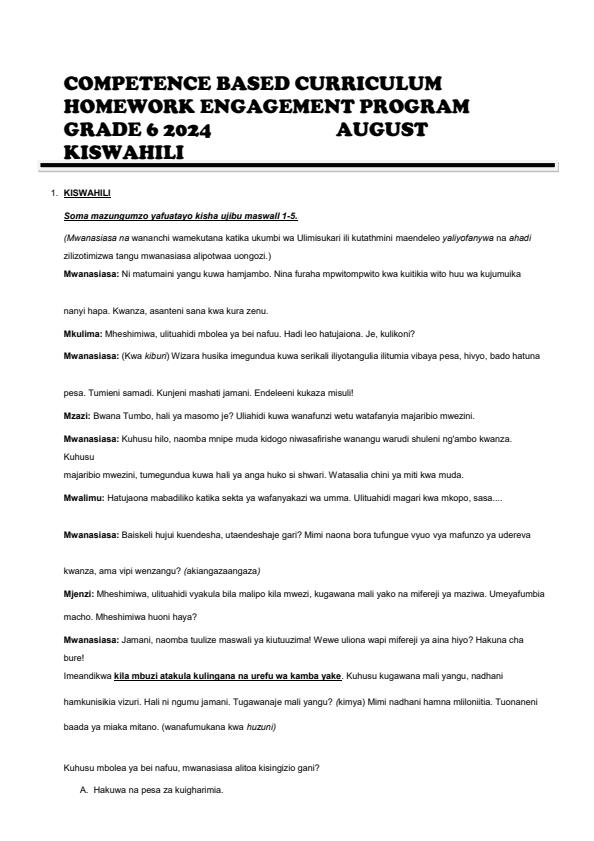 Page 1 – Grade 6 Kiswahili August 2024 Holiday Assignment – Kenyaplex