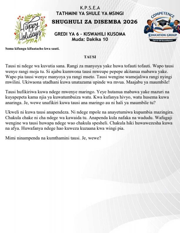 Page 1 – Grade 6 Kiswahili Kusoma December 2026 Holiday Assignment – Kenyaplex