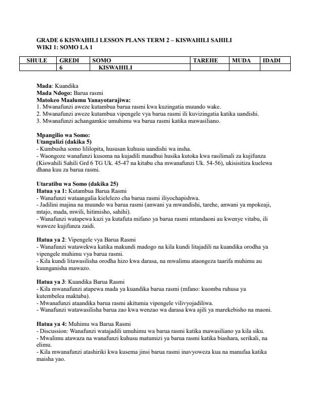 Page 1 – Grade 6 Kiswahili Lesson Plans Term 2 - Kiswahili Sahili – Kenyaplex