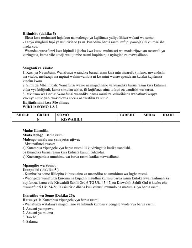 Page 2 – Grade 6 Kiswahili Lesson Plans Term 2 - Kiswahili Sahili – Kenyaplex