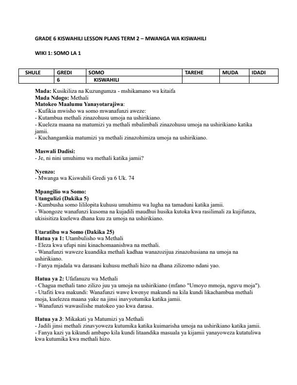 Page 1 – Grade 6 Kiswahili Lesson Plans Term 2 - Mwanga Wa Kiswahili – Kenyaplex