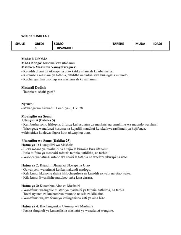 Page 3 – Grade 6 Kiswahili Lesson Plans Term 2 - Mwanga Wa Kiswahili – Kenyaplex