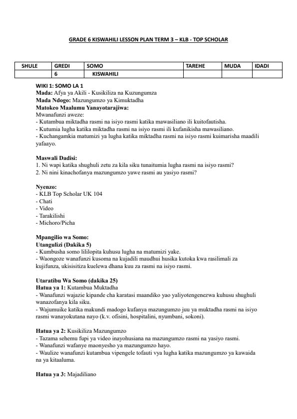 Page 1 – Grade 6 Kiswahili Lesson Plans Term 3 - KLB Top Scholar – Kenyaplex