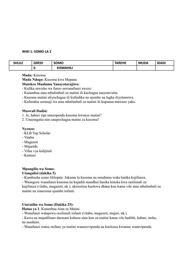 Page 3 – Grade 6 Kiswahili Lesson Plans Term 3 - KLB Top Scholar – Kenyaplex