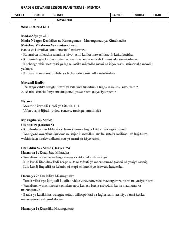 Page 1 – Grade 6 Kiswahili Lesson Plans Term 3 - Mentor – Kenyaplex