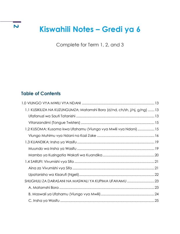 Page 2 – Grade 6 Kiswahili Notes Term 1, Term 2, Term 3 – Kenyaplex