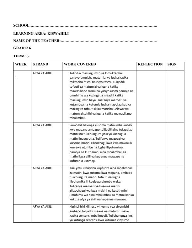Page 1 – Grade 6 Kiswahili Records of Work Term 3 - Mentor  – Kenyaplex
