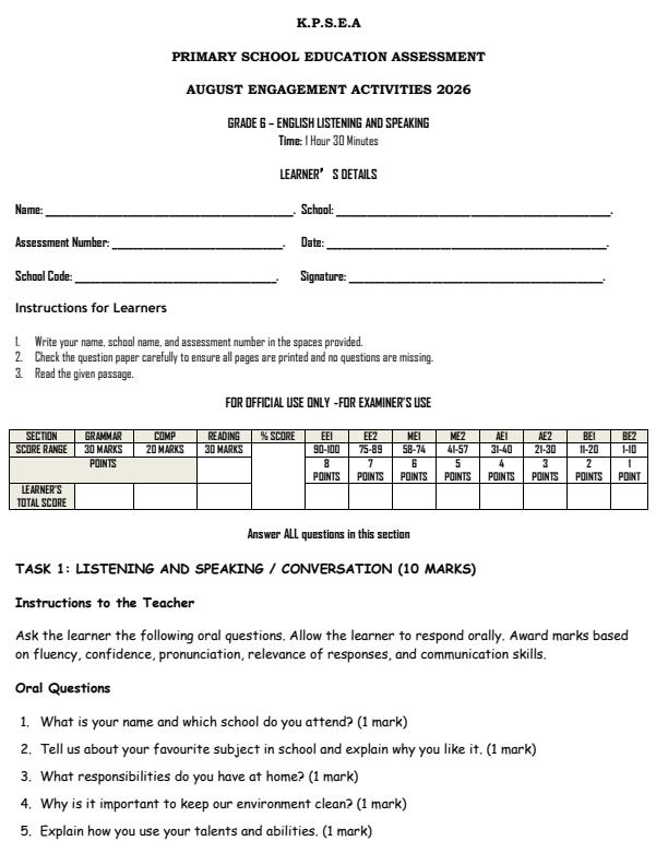 Page 1 – Grade 6 Listening and Speaking August 2026 Holiday Assignment – Kenyaplex