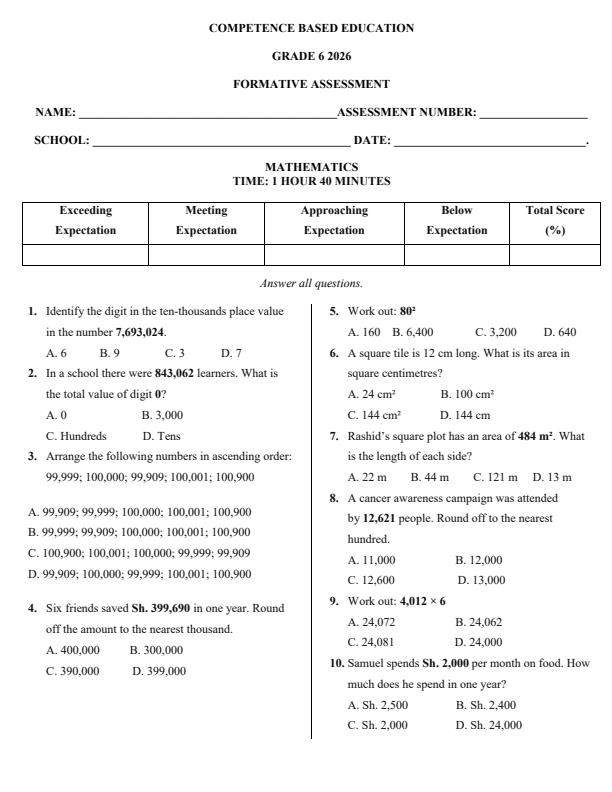 Page 1 – Grade 6 Mathematics April 2026 Holiday Assignment – Kenyaplex