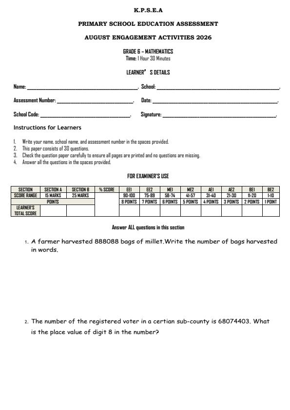 Page 1 – Grade 6 Mathematics August 2026 Holiday Assignment – Kenyaplex