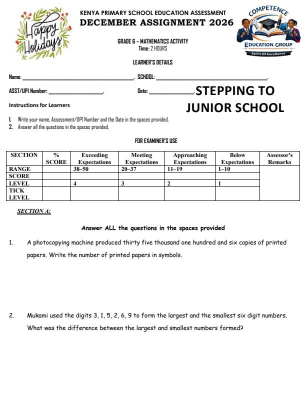 Page 1 – Grade 6 Mathematics December 2026 Holiday Assignment – Kenyaplex