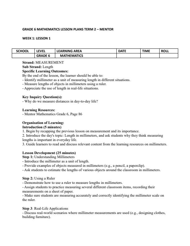 Page 1 – Grade 6 Mathematics Lesson Plans Term 2 - Mentor – Kenyaplex