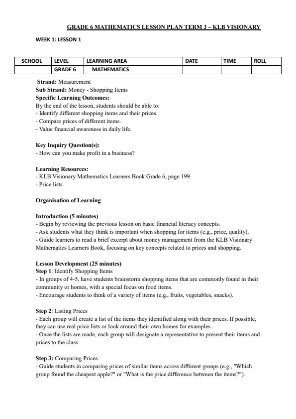 Page 1 – Grade 6 Mathematics Lesson Plans Term 3 - KLB Visionary – Kenyaplex