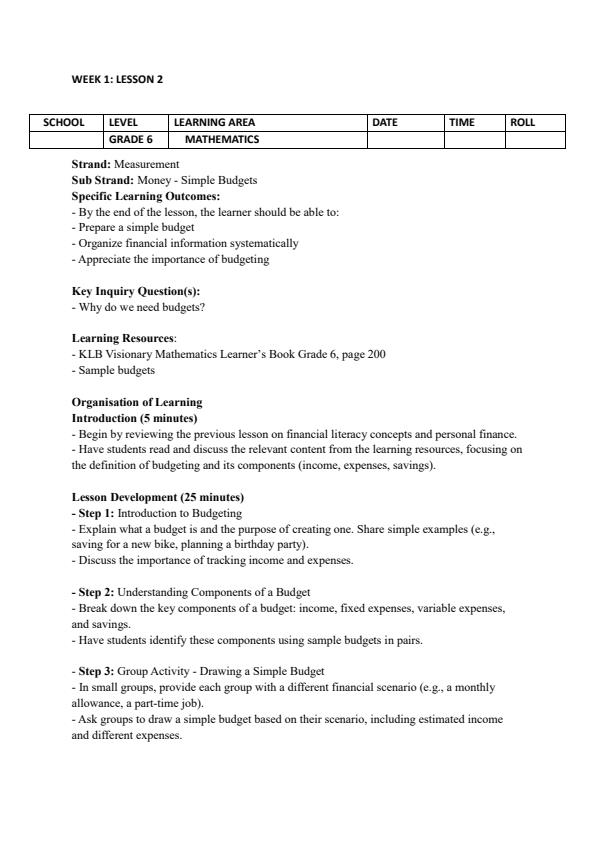 Page 3 – Grade 6 Mathematics Lesson Plans Term 3 - KLB Visionary – Kenyaplex