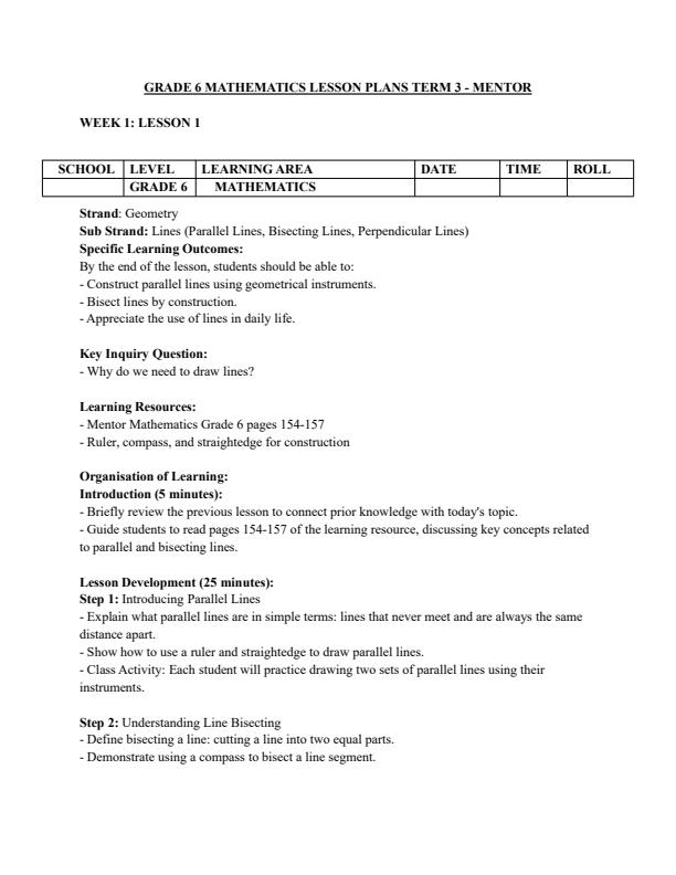 Page 1 – Grade 6 Mathematics Lesson Plans Term 3 - Mentor – Kenyaplex
