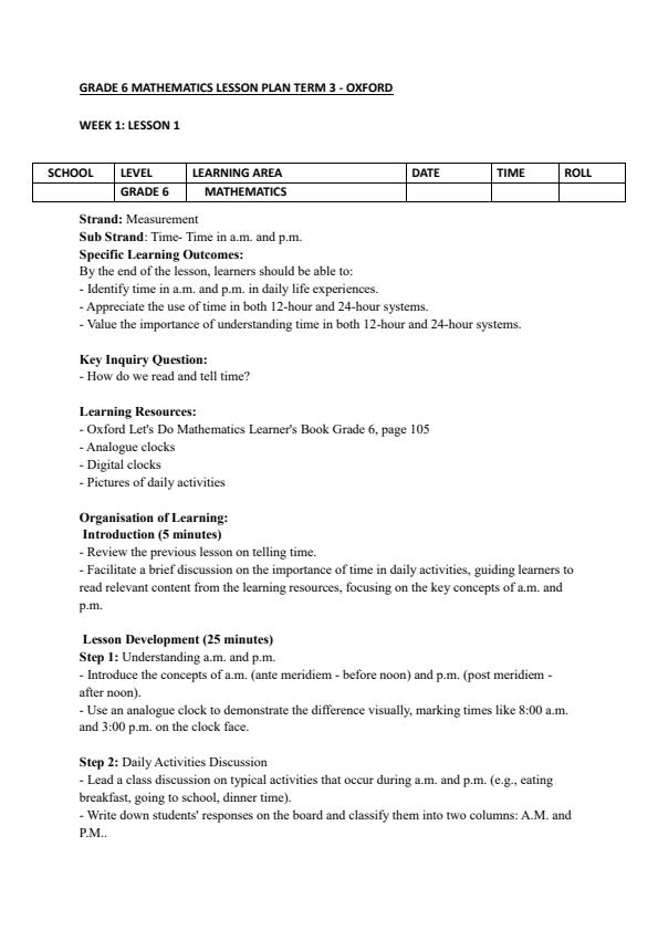 Page 1 – Grade 6 Mathematics Lesson Plans Term 3 - Oxford Let