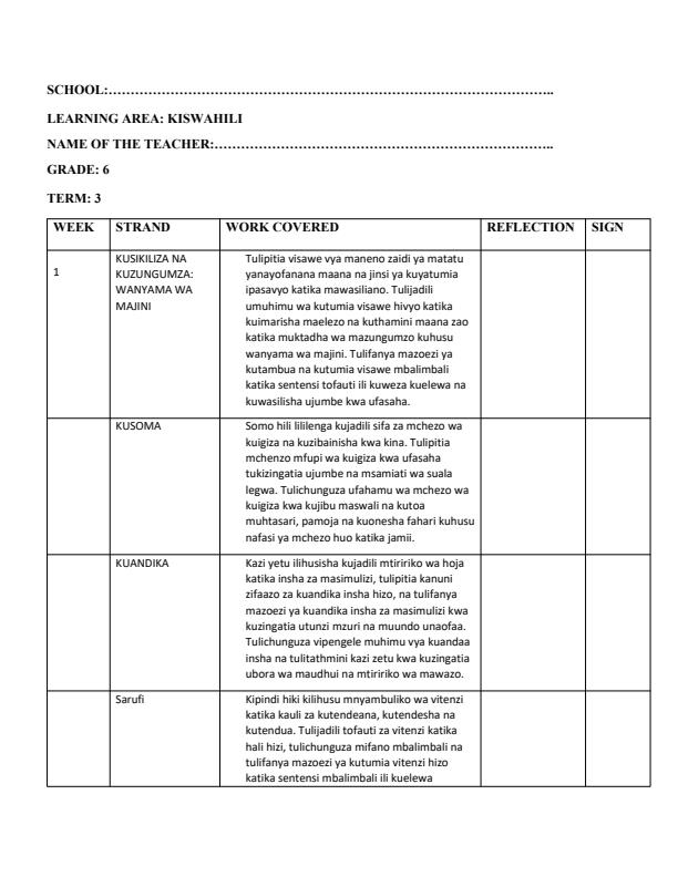 Page 1 – Grade 6 Rationalised Kiswahili Records of Work Term 3 - Kiswahili Sahili – Kenyaplex