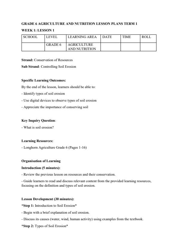 Page 1 – Grade 6 Rationalized Agriculture and Nutrition Lesson Plans Term 1 – Kenyaplex