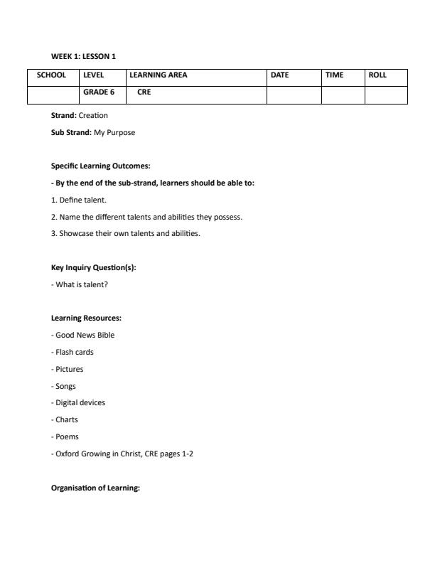 Page 1 – Grade 6 Rationalized CRE Lesson Plans Term 1 - Oxford Growing in Christ – Kenyaplex