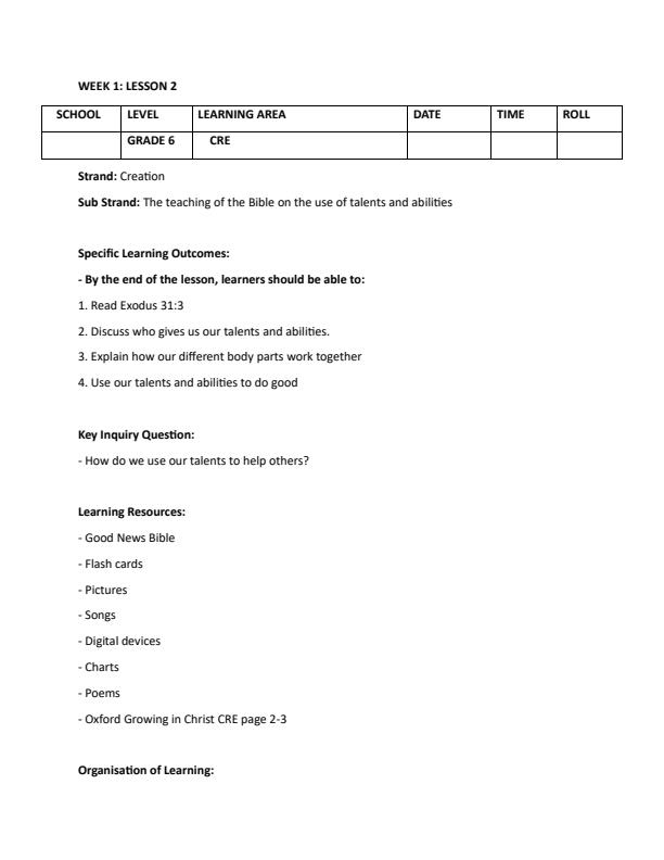 Page 4 – Grade 6 Rationalized CRE Lesson Plans Term 1 - Oxford Growing in Christ – Kenyaplex