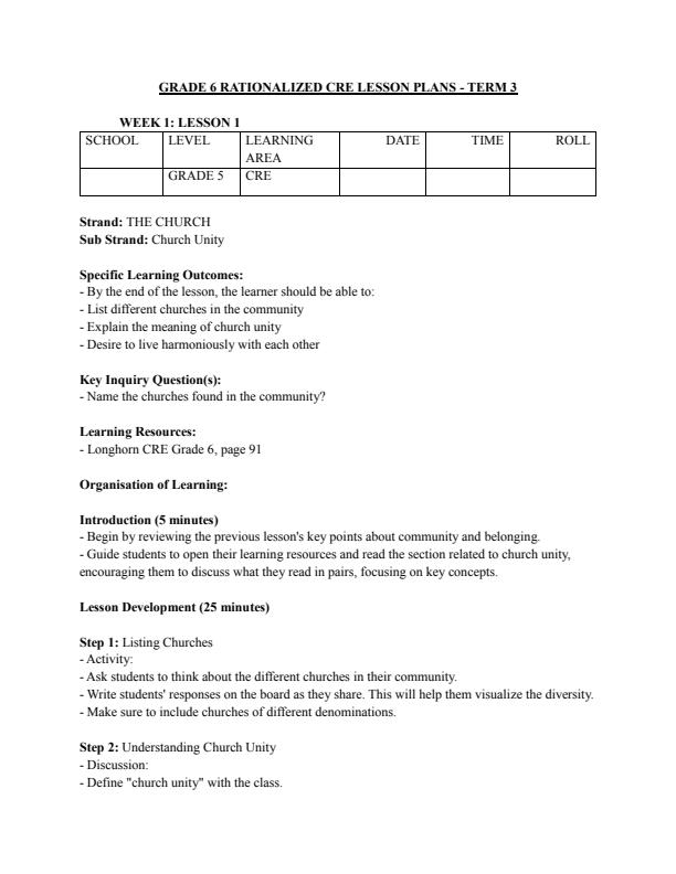 Page 1 – Grade 6 Rationalized CRE Lesson Plans Term 3 – Kenyaplex