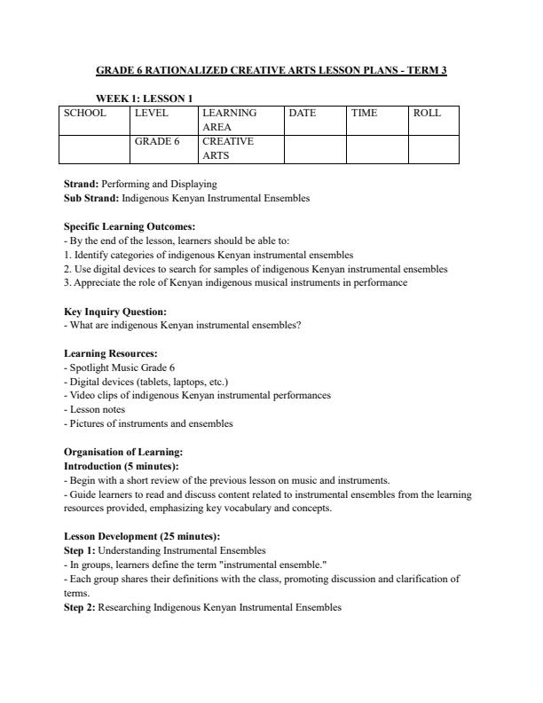 Page 1 – Grade 6 Rationalized Creative Arts Lesson Plans Term 3 – Kenyaplex