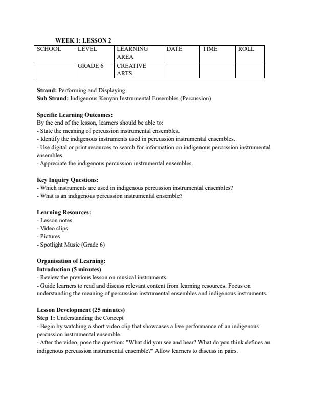 Page 3 – Grade 6 Rationalized Creative Arts Lesson Plans Term 3 – Kenyaplex