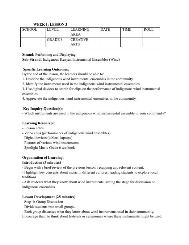 Page 5 – Grade 6 Rationalized Creative Arts Lesson Plans Term 3 – Kenyaplex
