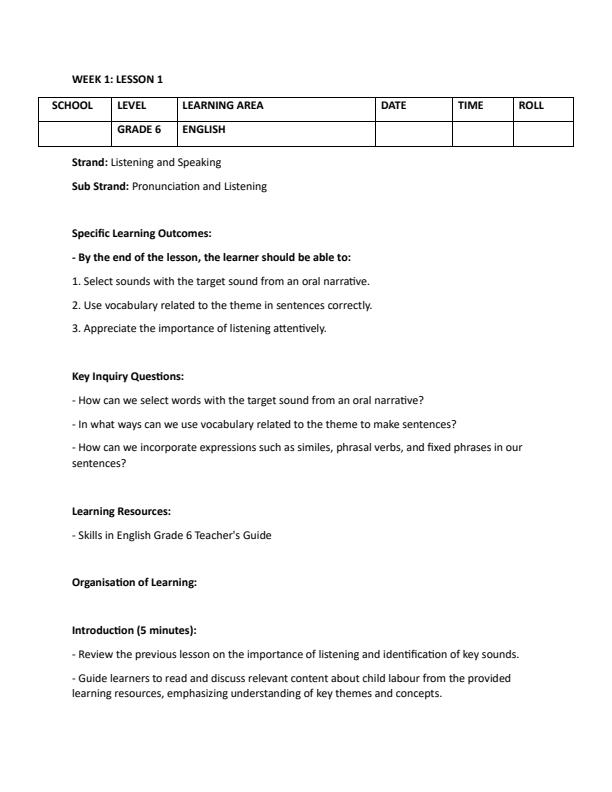 Page 1 – Grade 6 Rationalized English Lesson Plans Term 1 – Kenyaplex