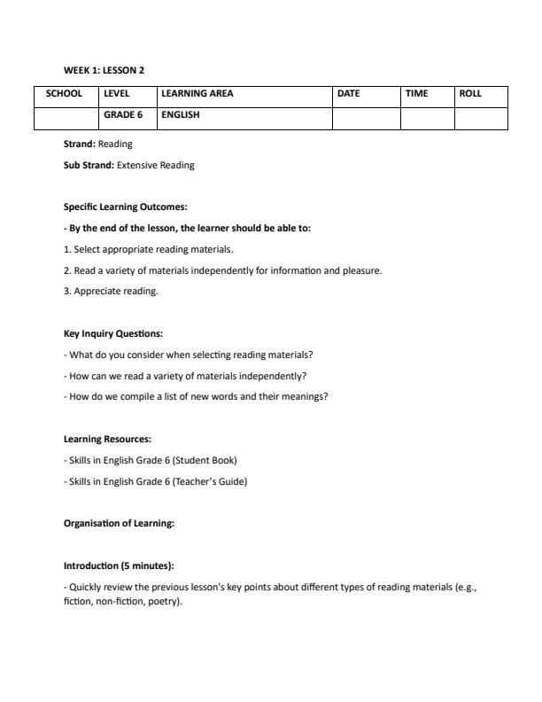 Page 4 – Grade 6 Rationalized English Lesson Plans Term 1 – Kenyaplex