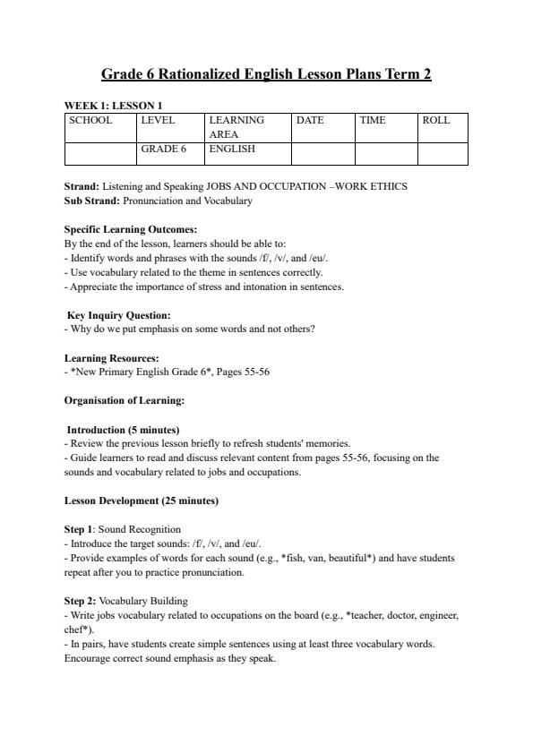 Page 1 – Grade 6 Rationalized English Lesson Plans Term 2 - New Primary English – Kenyaplex