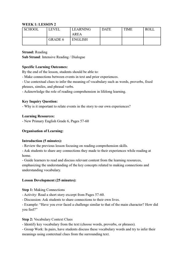 Page 3 – Grade 6 Rationalized English Lesson Plans Term 2 - New Primary English – Kenyaplex