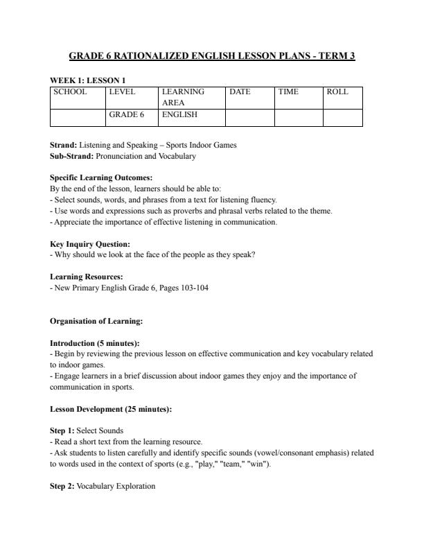 Page 1 – Grade 6 Rationalized English Lesson Plans Term 3 – Kenyaplex