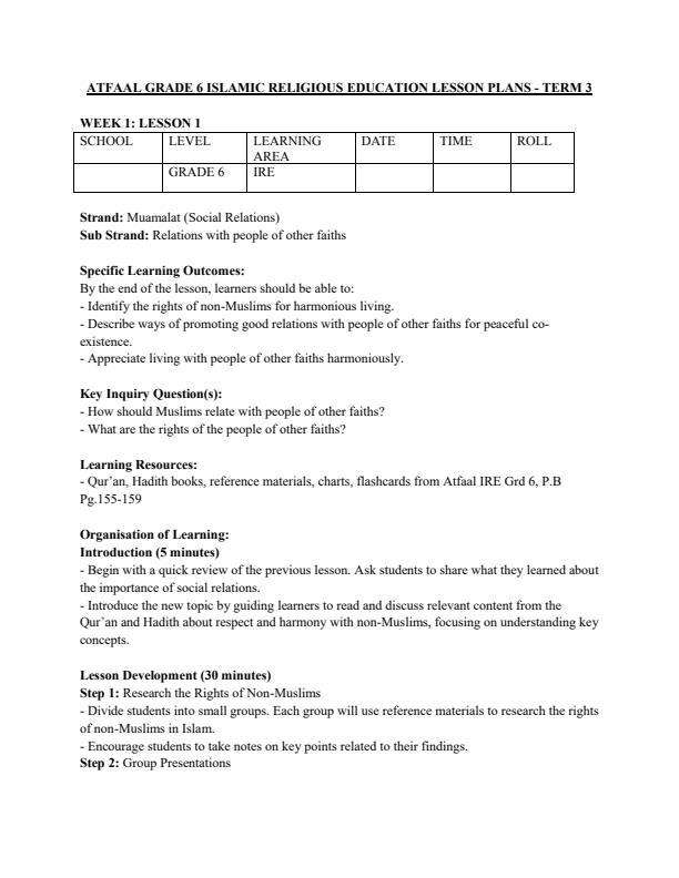 Page 1 – Grade 6 Rationalized IRE Lesson Plans Term 3 - Atfaal – Kenyaplex