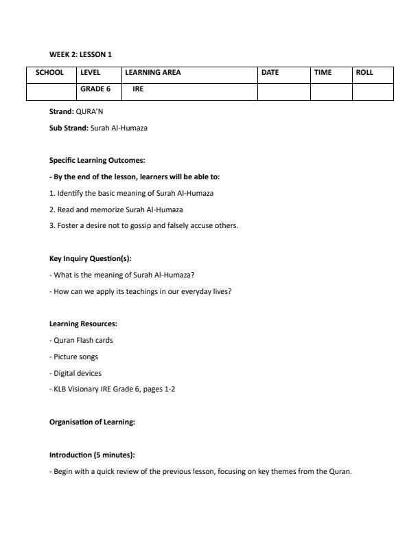 Page 1 – Grade 6 Rationalized Islamic Religious Education (IRE) Lesson Plans Term 1 – Kenyaplex