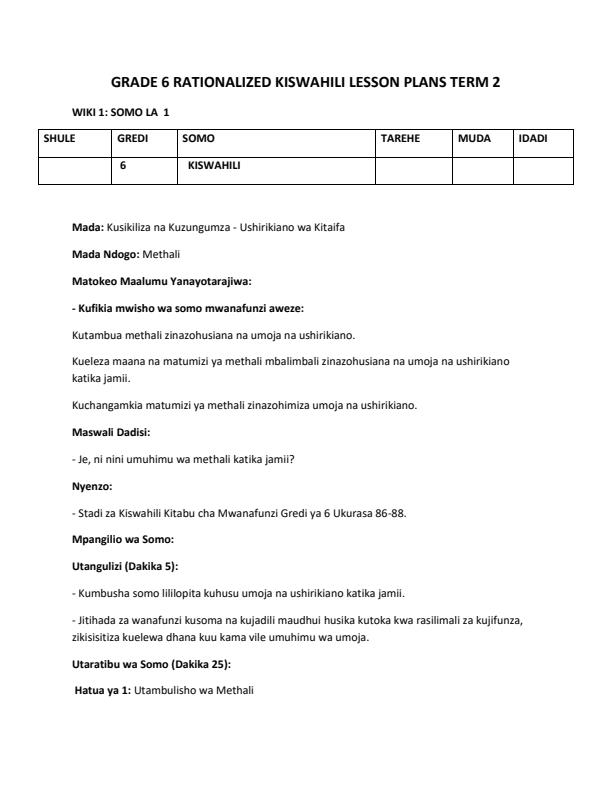 Page 1 – Grade 6 Rationalized Kiswahili Lesson Plans Term 2 - Stadi Za Kiswahili – Kenyaplex