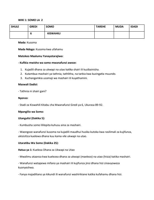 Page 4 – Grade 6 Rationalized Kiswahili Lesson Plans Term 2 - Stadi Za Kiswahili – Kenyaplex