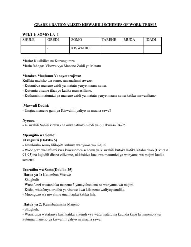 Page 1 – Grade 6 Rationalized Kiswahili Lesson Plans Term 3 – Kenyaplex