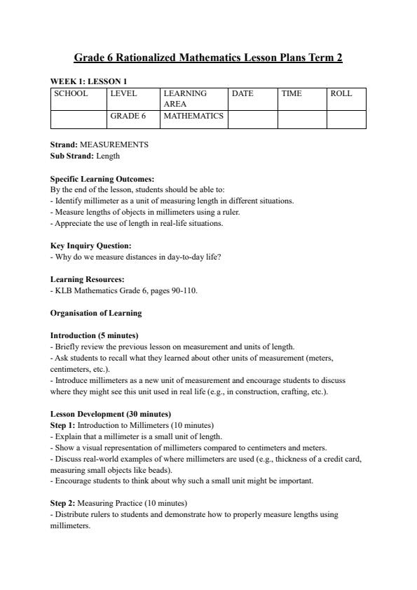 Page 1 – Grade 6 Rationalized Mathematics Lesson Plans Term 2 - KLB – Kenyaplex