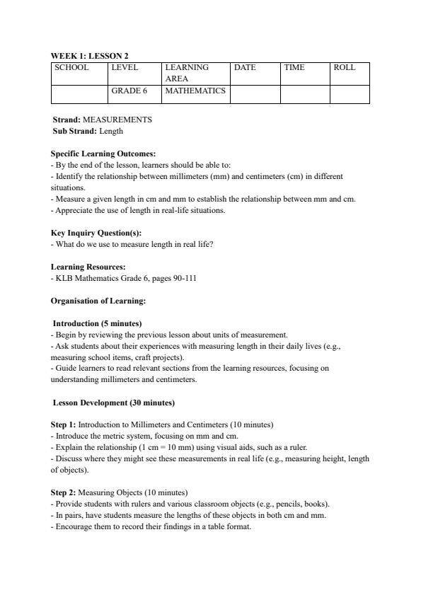 Page 3 – Grade 6 Rationalized Mathematics Lesson Plans Term 2 - KLB – Kenyaplex