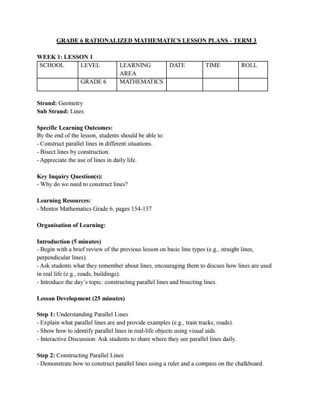 Page 1 – Grade 6 Rationalized Mathematics Lesson Plans Term 3 – Kenyaplex