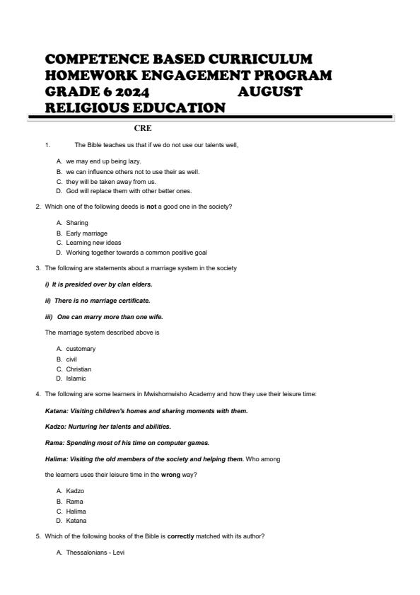 Page 1 – Grade 6 Religious Education August 2024 Holiday Assignment – Kenyaplex
